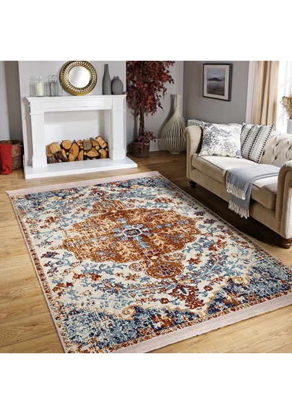 Kırmızı Zeminde Kilim Motifli Iran Desenli Eskitme Motifli Avangarde Dijital Baskılı Makinede Yıkanabilir Kaymaz Taban Saçaklı Halı