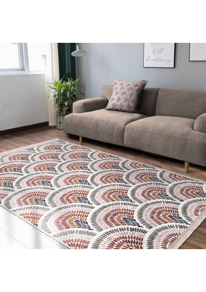 Beyaz Zeminde Art Deco Motifli Patchwork Desenli Geometrik Dijital Baskılı Makinede Yıkanabilir Kaymaz Taban Saçaklı Halı