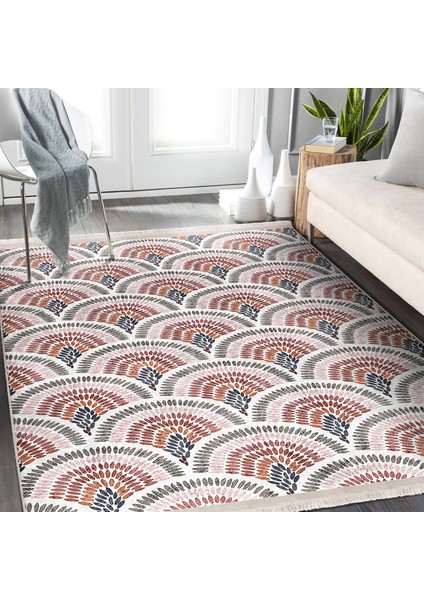 Beyaz Zeminde Art Deco Motifli Patchwork Desenli Geometrik Dijital Baskılı Makinede Yıkanabilir Kaymaz Taban Saçaklı Halı modelleri