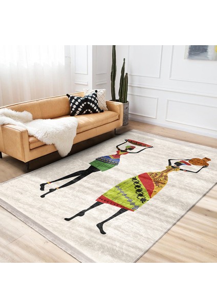 Beyaz Zeminde Geleneksel Motifli Afrika Kadın Desenli Etnik Motifler Klasik Dış Mekan & Outdoor Balkon Dijital Baskılı Makinede Yıkanabilir Kaymaz Taban Saçaklı Halı modelleri