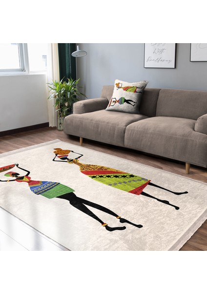 Beyaz Zeminde Geleneksel Motifli Afrika Kadın Desenli Etnik Motifler Klasik Dış Mekan & Outdoor Balkon Dijital Baskılı Makinede Yıkanabilir Kaymaz Taban Saçaklı Halı indirimleri