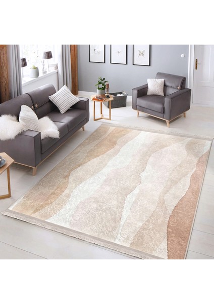 Krem - Kahverengi Zeminde Kanvas Motifli Modern Sanat Desenli Bohem Klasik Dijital Baskılı Makinede Yıkanabilir Kaymaz Taban Saçaklı Halı