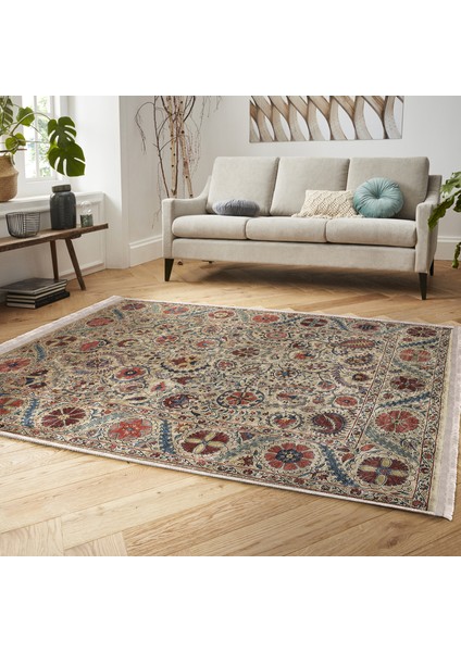 Krem Zeminde Hereke Motifli Kilim Desenli Etnik Motifler Avangarde Dijital Baskılı Makinede Yıkanabilir Kaymaz Taban Saçaklı Halı