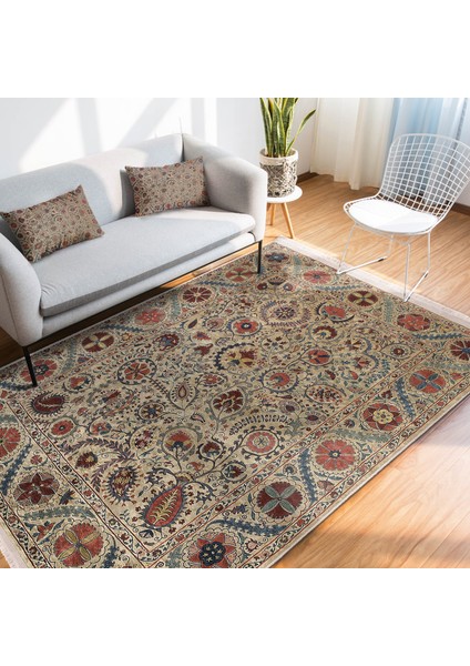 Krem Zeminde Hereke Motifli Kilim Desenli Etnik Motifler Avangarde Dijital Baskılı Makinede Yıkanabilir Kaymaz Taban Saçaklı Halı fiyatları
