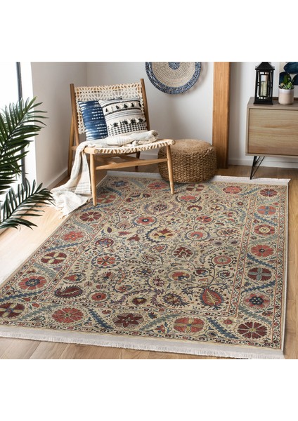 Krem Zeminde Hereke Motifli Kilim Desenli Etnik Motifler Avangarde Dijital Baskılı Makinede Yıkanabilir Kaymaz Taban Saçaklı Halı modelleri