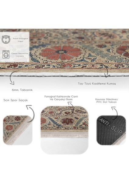 Krem Zeminde Hereke Motifli Kilim Desenli Etnik Motifler Avangarde Dijital Baskılı Makinede Yıkanabilir Kaymaz Taban Saçaklı Halı fırsatları