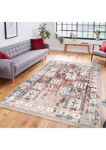 Krem Zeminde Etnik Motifli Geleneksel Desenli Eskitme Motifli Vintage Dijital Baskılı Makinede Yıkanabilir Kaymaz Taban Saçaklı Halı