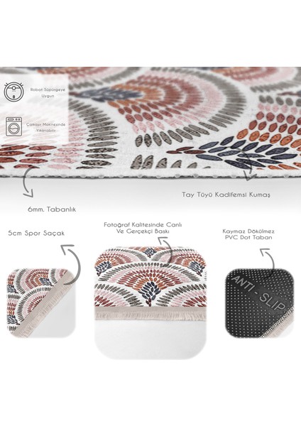 Beyaz Zeminde Art Deco Motifli Patchwork Desenli Geometrik Dijital Baskılı Makinede Yıkanabilir Kaymaz Taban Saçaklı Halı fırsatları