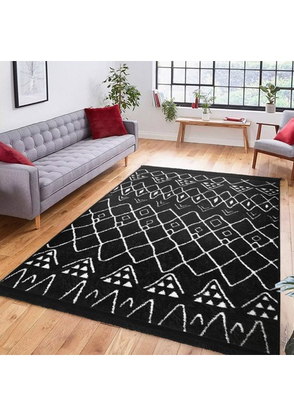 Siyah Zeminde Etnik Motifli Otantik Desenli Geometrik Etnik Motifler Dijital Baskılı Makinede Yıkanabilir Kaymaz Taban Saçaklı Halı modelleri