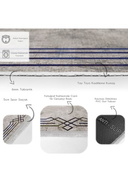 Füme - Gri Zeminde Çerçeveli Motifli Dokuma Halı Desenli Geometrik Klasik Dijital Baskılı Makinede Yıkanabilir Kaymaz Taban Saçaklı Halı