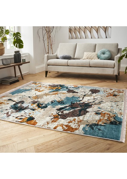 Rengarenk Zeminde Boya Motifli Modern Sanat Desenli Modern Klasik Dijital Baskılı Makinede Yıkanabilir Kaymaz Taban Saçaklı Halı modelleri