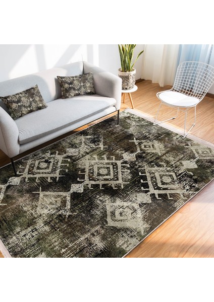 Kahverengi - Beyaz Zeminde Otantik Motifli Kilim Desenli Eskitme Motifli Vintage Dijital Baskılı Makinede Yıkanabilir Kaymaz Taban Saçaklı Halı