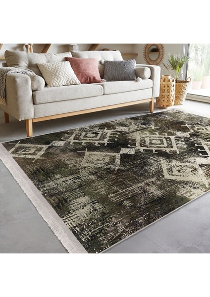 Kahverengi - Beyaz Zeminde Otantik Motifli Kilim Desenli Eskitme Motifli Vintage Dijital Baskılı Makinede Yıkanabilir Kaymaz Taban Saçaklı Halı indirimleri