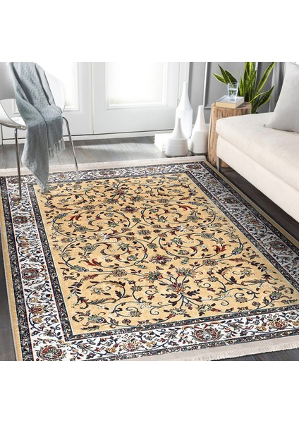 Bej Zeminde Kilim Motifli Osmanlı Desenli Vintage Etnik Motifler Dijital Baskılı Makinede Yıkanabilir Kaymaz Taban Saçaklı Halı