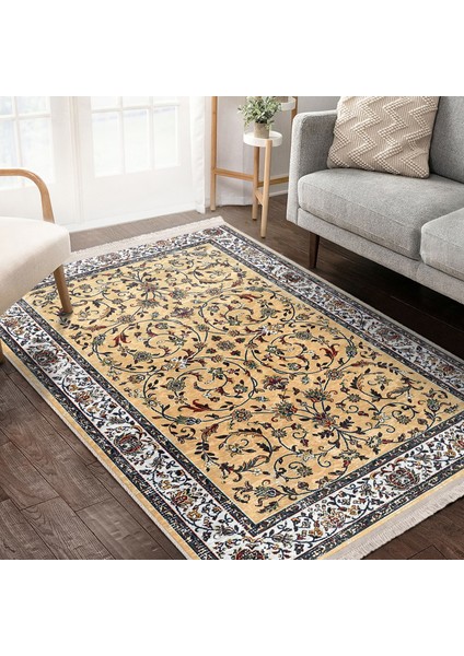 Bej Zeminde Kilim Motifli Osmanlı Desenli Vintage Etnik Motifler Dijital Baskılı Makinede Yıkanabilir Kaymaz Taban Saçaklı Halı modelleri