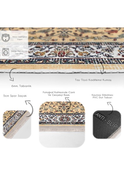 Bej Zeminde Kilim Motifli Osmanlı Desenli Vintage Etnik Motifler Dijital Baskılı Makinede Yıkanabilir Kaymaz Taban Saçaklı Halı fırsatları