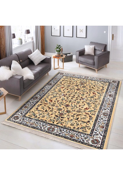 Bej Zeminde Kilim Motifli Osmanlı Desenli Vintage Etnik Motifler Dijital Baskılı Makinede Yıkanabilir Kaymaz Taban Saçaklı Halı indirimleri