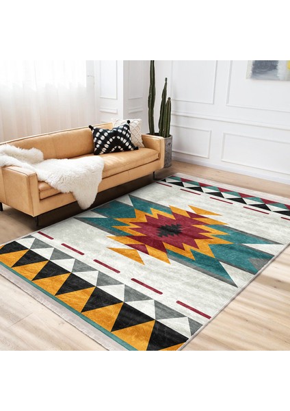 Krem Zeminde Geleneksel Motifli Kilim Desenli Etnik Motifler Geometrik Dijital Baskılı Makinede Yıkanabilir Kaymaz Taban Saçaklı Halı fiyatları