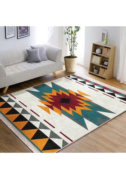 Krem Zeminde Geleneksel Motifli Kilim Desenli Etnik Motifler Geometrik Dijital Baskılı Makinede Yıkanabilir Kaymaz Taban Saçaklı Halı indirimleri