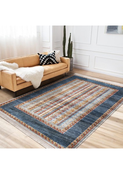Mavi Zeminde Kilim Motifli Dokuma Desenli Etnik Motifler Avangarde Dijital Baskılı Makinede Yıkanabilir Kaymaz Taban Saçaklı Halı indirimleri