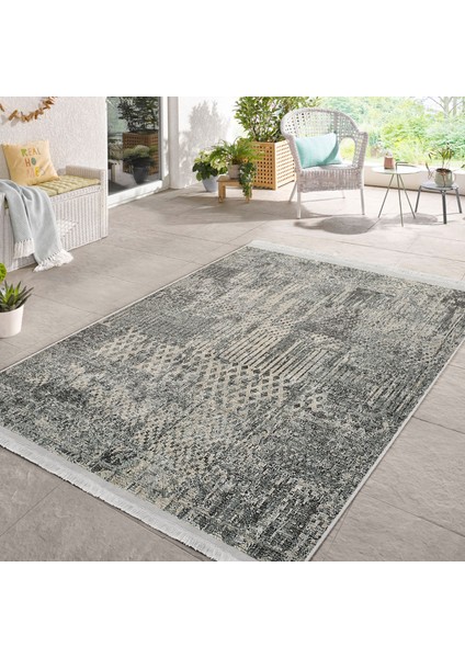 Renkli Zeminde Modern Motifli Geometrik Desenli Eskitme Motifli Klasik Dijital Baskılı Makinede Yıkanabilir Kaymaz Taban Saçaklı Halı