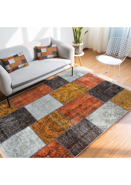 Kırkyama Zeminde Patchwork Motifli Etnik Desenli Klasik Vintage Dijital Baskılı Makinede Yıkanabilir Kaymaz Taban Saçaklı Halı