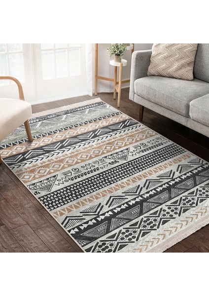 Krem - Gri Zeminde Iskandinav Motifli Kilim Desenli Geometrik Etnik Motifler Dijital Baskılı Makinede Yıkanabilir Kaymaz Taban Saçaklı Halı