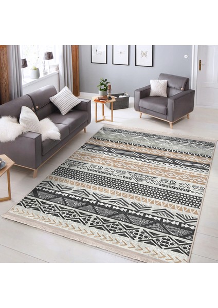 Krem - Gri Zeminde Iskandinav Motifli Kilim Desenli Geometrik Etnik Motifler Dijital Baskılı Makinede Yıkanabilir Kaymaz Taban Saçaklı Halı