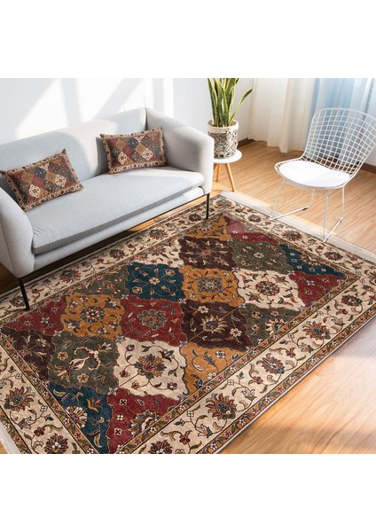 Krem - Kırmızı Zeminde Uşak Motifli Kilim Desenli Avangarde Etnik Motifler Dijital Baskılı Makinede Yıkanabilir Kaymaz Taban Saçaklı Halı modelleri