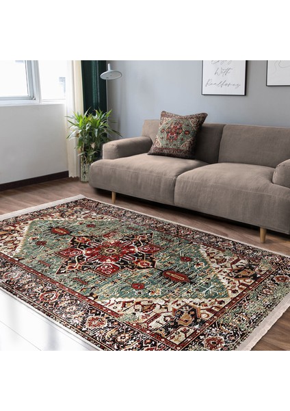 Kırmızı - Yeşil Zeminde Otantik Motifli Osmanlı Desenli Vintage Avangarde Dijital Baskılı Makinede Yıkanabilir Kaymaz Taban Saçaklı Halı modelleri