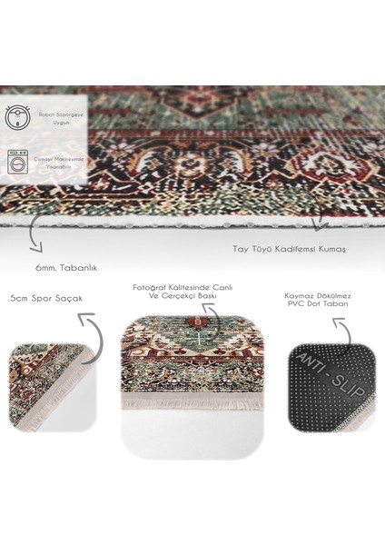 Kırmızı - Yeşil Zeminde Otantik Motifli Osmanlı Desenli Vintage Avangarde Dijital Baskılı Makinede Yıkanabilir Kaymaz Taban Saçaklı Halı fırsatları