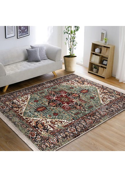 Kırmızı - Yeşil Zeminde Otantik Motifli Osmanlı Desenli Vintage Avangarde Dijital Baskılı Makinede Yıkanabilir Kaymaz Taban Saçaklı Halı indirimleri