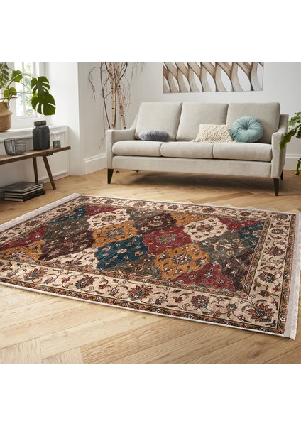 Krem - Kırmızı Zeminde Uşak Motifli Kilim Desenli Avangarde Etnik Motifler Dijital Baskılı Makinede Yıkanabilir Kaymaz Taban Saçaklı Halı fiyatları