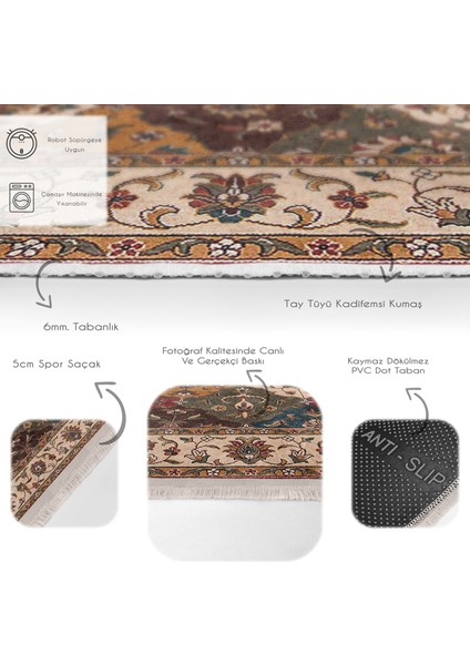 Krem - Kırmızı Zeminde Uşak Motifli Kilim Desenli Avangarde Etnik Motifler Dijital Baskılı Makinede Yıkanabilir Kaymaz Taban Saçaklı Halı fırsatları