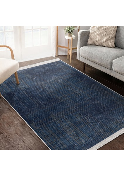 Lacivert Zeminde Örgü Motifli Kilim Desenli Geometrik Eskitme Motifli Dijital Baskılı Makinede Yıkanabilir Kaymaz Taban Saçaklı Halı modelleri
