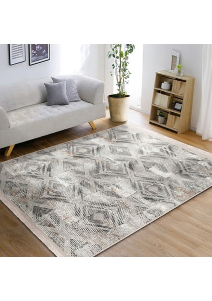 Krem - Gri Zeminde Eskitme Motifli Etnik Desenli Eskitme Motifli Geometrik Baskılı Makinede Yıkanabilir Kaymaz Taban Saçaklı Halı fiyatları
