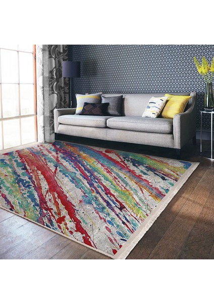 Gri Zeminde Yağlı Boya Motifli Modern Sanat Desenli Modern Dış Mekan & Outdoor Balkon Dijital Baskılı Makinede Yıkanabilir Kaymaz Taban Saçaklı Halı