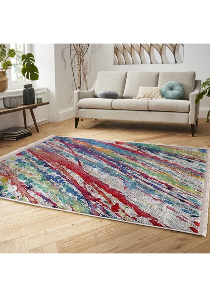 Gri Zeminde Yağlı Boya Motifli Modern Sanat Desenli Modern Dış Mekan & Outdoor Balkon Dijital Baskılı Makinede Yıkanabilir Kaymaz Taban Saçaklı Halı modelleri