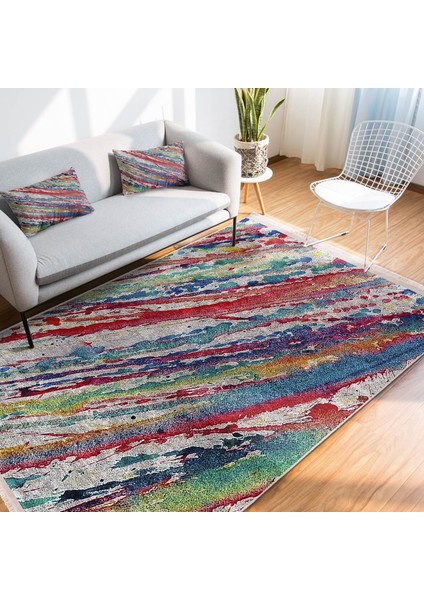 Gri Zeminde Yağlı Boya Motifli Modern Sanat Desenli Modern Dış Mekan & Outdoor Balkon Dijital Baskılı Makinede Yıkanabilir Kaymaz Taban Saçaklı Halı indirimleri