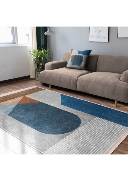 Mavi Zeminde Geometrik Motifli Modern Sanat Desenli Geometrik Dijital Baskılı Makinede Yıkanabilir Kaymaz Taban Saçaklı Halı fiyatları