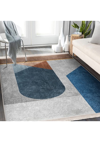 Mavi Zeminde Geometrik Motifli Modern Sanat Desenli Geometrik Dijital Baskılı Makinede Yıkanabilir Kaymaz Taban Saçaklı Halı indirimleri