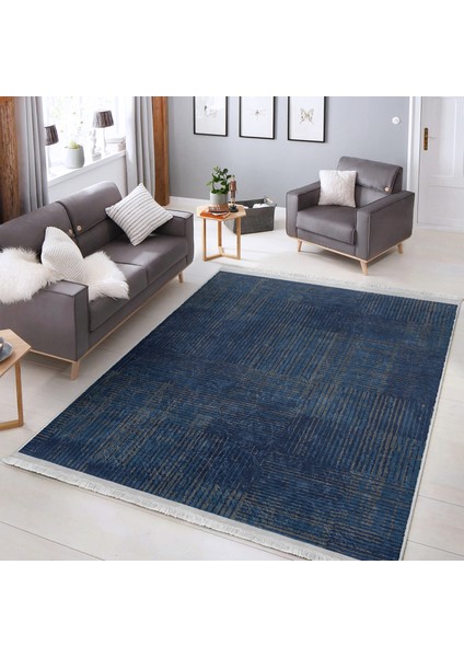 Lacivert Zeminde Örgü Motifli Kilim Desenli Geometrik Eskitme Motifli Dijital Baskılı Makinede Yıkanabilir Kaymaz Taban Saçaklı Halı indirimleri