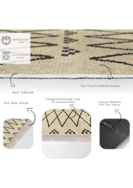 Krem - Siyah Zeminde Kilim Motifli Yöresel Desenli Geometrik Eskitme Motifli Dijital Baskılı Makinede Yıkanabilir Kaymaz Taban Saçaklı Halı fırsatları