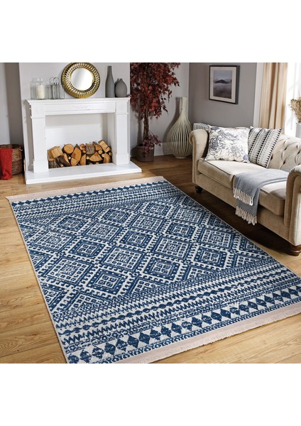 Lacivert Zeminde Geleneksel Motifli Kilim Desenli Geometrik Etnik Motifler Dijital Baskılı Makinede Yıkanabilir Kaymaz Taban Saçaklı Halı