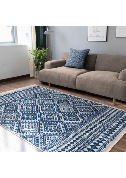 Lacivert Zeminde Geleneksel Motifli Kilim Desenli Geometrik Etnik Motifler Dijital Baskılı Makinede Yıkanabilir Kaymaz Taban Saçaklı Halı indirimleri
