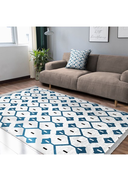 Mavi Zeminde Geometrik Motifli Çizgili Desenli Etnik Motifler Geometrik Dijital Baskılı Makinede Yıkanabilir Kaymaz Taban Saçaklı Halı