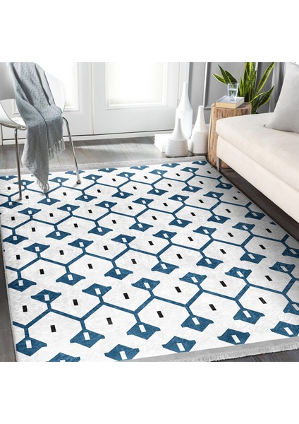 Mavi Zeminde Geometrik Motifli Çizgili Desenli Etnik Motifler Geometrik Dijital Baskılı Makinede Yıkanabilir Kaymaz Taban Saçaklı Halı modelleri