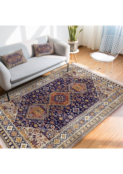 Lacivert Zeminde Uşak Motifli Kilim Desenli Avangarde Vintage Dijital Baskılı Makinede Yıkanabilir Kaymaz Taban Saçaklı Halı fiyatları