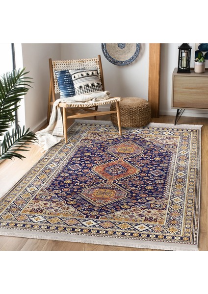 Lacivert Zeminde Uşak Motifli Kilim Desenli Avangarde Vintage Dijital Baskılı Makinede Yıkanabilir Kaymaz Taban Saçaklı Halı modelleri
