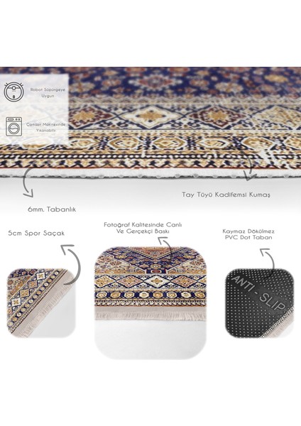 Lacivert Zeminde Uşak Motifli Kilim Desenli Avangarde Vintage Dijital Baskılı Makinede Yıkanabilir Kaymaz Taban Saçaklı Halı fırsatları